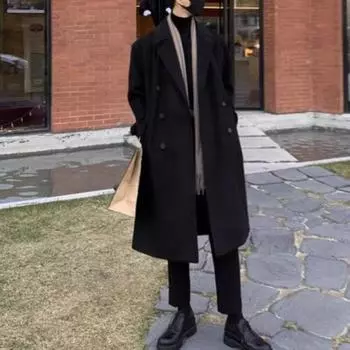 Мужское шерстяное пальто с лацканами, длинный рукав, двубортная ветровка, однотонная, в стиле ретро, верхняя одежда средней длины 3XL чёрный