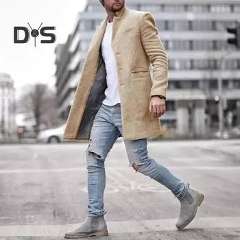 Мужское шерстяное пальто с лацканами, длинный рукав, пальто средней длины, однотонное однобортное длинное пальто с боковыми карманами XXL чёрный