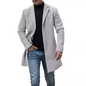 Мужское шерстяное пальто с лацканами, длинный рукав, однобортное, однотонное, средней длины, осень-зима M чёрный