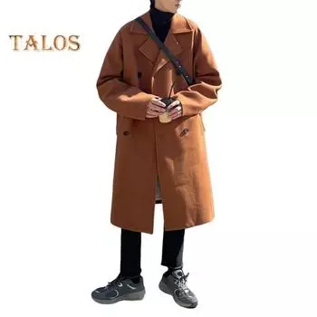 Мужское шерстяное пальто с лацканами, длинный рукав, двубортная ветровка, однотонная, в стиле ретро, верхняя одежда средней длины M чёрный