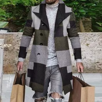 Мужское шерстяное пальто с лацканами, длинный рукав, клетчатый принт, однобортное, застежка, верхняя одежда M серый/чёрный