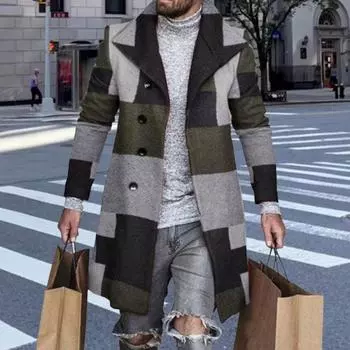 Мужское шерстяное пальто с лацканами, длинным рукавом, клетчатым принтом, однобортное, с застежкой, верхняя одежда средней длины, формальное пальто M