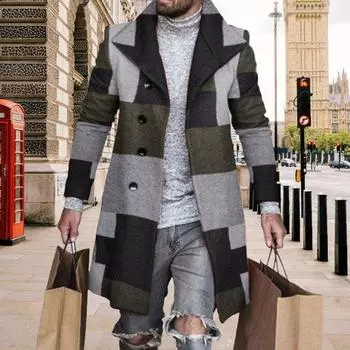Мужское шерстяное пальто с лацканами, длинным рукавом, клетчатым принтом, однобортное, с застежкой, верхняя одежда средней длины, формальное пальто M серый/чёрный