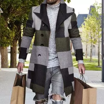 Мужское шерстяное пальто с лацканами, длинным рукавом, клетчатым принтом, однобортное, с застежкой, верхняя одежда средней длины, формальное пальто M черный серый