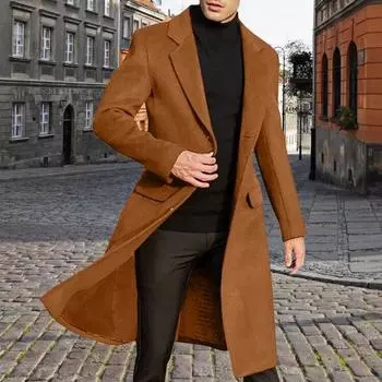 Мужское шерстяное пальто с лацканами, длинным рукавом, пуговицами, планкой, средней длины, однотонное ветровка в стиле ретро S темно-коричневого