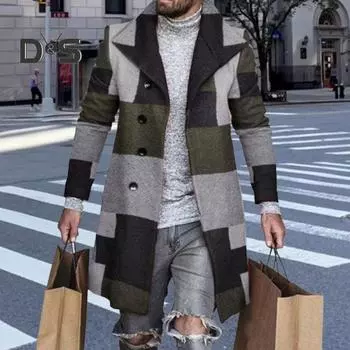 Мужское шерстяное пальто с лацканами, длинным рукавом, клетчатым принтом, однобортное, с застежкой, верхняя одежда средней длины, формальное пальто M черный серый