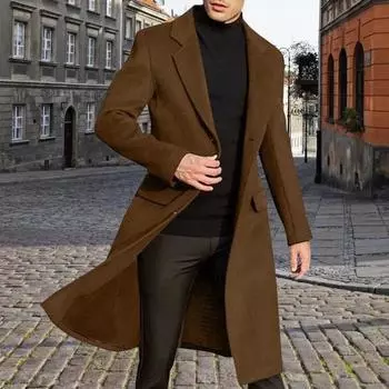 Мужское шерстяное пальто с лацканами, длинным рукавом, пуговицами, планкой, средней длины, однотонное ветровка в стиле ретро S темно-коричневого