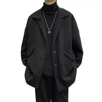 Мужское шерстяное пальто с лацканами и длинным рукавом, однобортная ветровка, однотонный цвет, свободный крой M чёрный