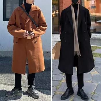 Мужское шерстяное пальто с лацканами и длинным рукавом, двубортная ветровка, однотонный цвет, ретро-стиль 3XL чёрный