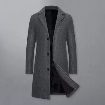 Мужское шерстяное пальто с лацканами и длинным рукавом, однобортный пиджак, однотонный цвет M чёрный
