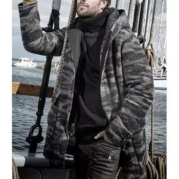 Мужское шерстяное пальто с принтом, термокуртка с капюшоном, хлопковая подкладка M тёмно-синий