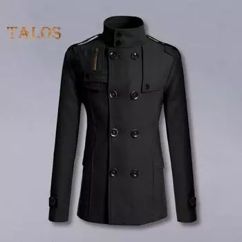 Мужское шерстяное пальто с воротником-стойкой, длинными рукавами, ветровкой с двубортными карманами, однотонная верхняя одежда средней длины L темно-синий