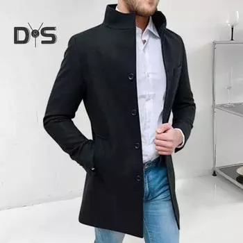 Мужское шерстяное пальто с воротником-стойкой и длинными рукавами, однобортное, с карманами, средней длины, повседневная ветровка, верхняя одежда L чёрный
