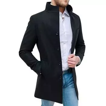 Мужское шерстяное пальто с воротником-стойкой и длинными рукавами, однобортные карманы, повседневная ветровка средней длины, верхняя одежда M хаки