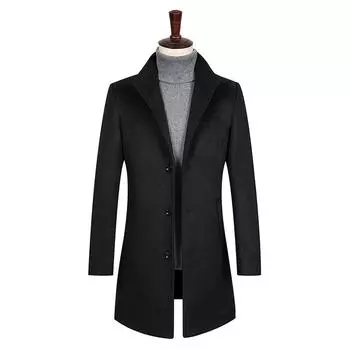 Мужское шерстяное пальто средней и длинной длины с воротником из хлопка, утолщенное шерстяное пальто для мужчин M чёрный