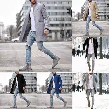 Мужское шерстяное пальто, теплый зимний тренч, длинная верхняя одежда на пуговицах, элегантное пальто, пальто XXXL синий