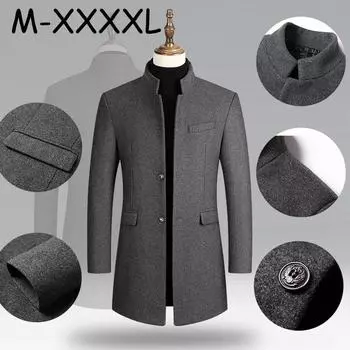 Мужское шерстяное пальто в европейском и американском стиле на осень и зиму, утепленное хлопковое мужское пальто средней длины в деловом стиле M серый