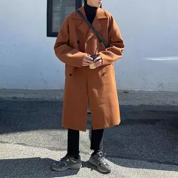 Мужское шерстяное пальто Yousheng с лацканами и длинными рукавами, двубортная ветровка, однотонная, в стиле ретро, верхняя одежда средней длины L чёрный