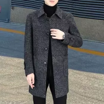 Мужское шерстяное пальто Yousheng с лацканами, с длинным рукавом, однобортное, средней длины, с карманами, повседневная одежда L