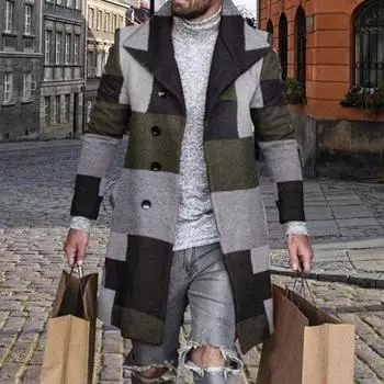 Мужское шерстяное пальто Yousheng с лацканами и длинным рукавом, с клетчатым принтом, однобортное, с застежкой, верхняя одежда средней длины, официальное пальто M серый/чёрный