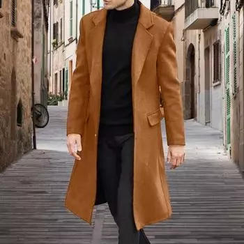Мужское шерстяное пальто Yousheng с лацканами, длинными рукавами, пуговицами, планкой, средней длины, однотонное ветровка в стиле ретро S темно-коричневого
