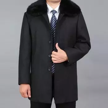 Мужское шерстяное пальто, зимнее полушерстяное пальто, шерстяное длинное пальто, толстая шерстяная куртка, мужское полупальто из натурального меха кролика M чёрный