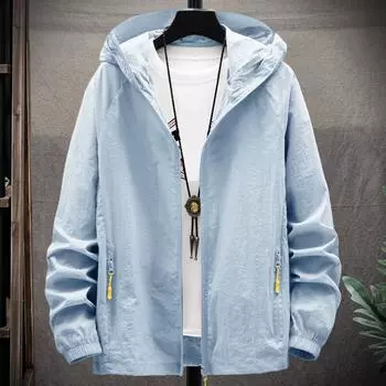 Мужское солнцезащитное пальто, однотонное мужское пальто с капюшоном, уличная куртка на молнии, карманы на молнии, дышащая защитная одежда от солнца L светло-синий
