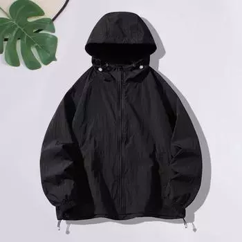 Мужское солнцезащитное пальто с длинной планкой на молнии с капюшоном и тонкими карманами на рукавах, однотонная регулируемая верхняя одежда на шнурке L темно-синий