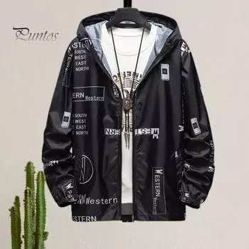 Мужское солнцезащитное пальто с капюшоном и длинными рукавами, карманами на молнии, солнцезащитная куртка с буквенным принтом, быстросохнущая верхняя одежда для рыбалки M чёрный