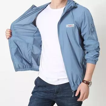 Мужское солнцезащитное пальто с капюшоном и длинным рукавом с надписью, анти-УФ-куртка, ветровка с застежкой-молнией и принтом на шнурке M темно-синий