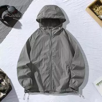 Мужское солнцезащитное пальто с капюшоном и длинным рукавом на молнии, тонкое пальто с карманами, однотонная регулируемая верхняя одежда на шнурке L чёрный