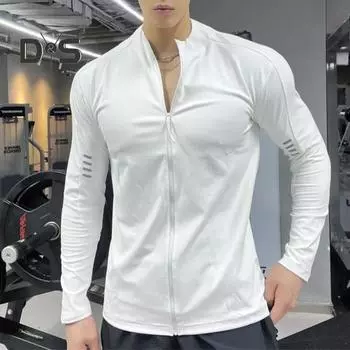 Мужское спортивное пальто с воротником-стойкой, эластичное впитывающее пот, мягкое, дышащее, быстросохнущее, однотонное, на молнии, с длинным рукавом, солнцезащитное пальто для бега в тренажерном зале 3XL белый