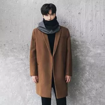 Мужское среднее и длинное молодежное однотонное пальто-тренч в корейском стиле, свободное утолщенное шерстяное пальто M