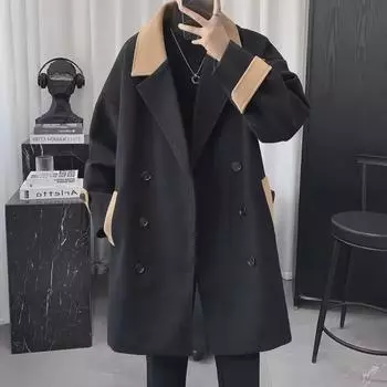 «Мужское стильное британское шерстяное пальто - зимняя толстая ветровка средней длины» Medium чёрный