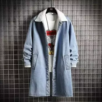 Мужское стираное пальто, теплая джинсовая куртка, большой размер, свободная теплая куртка, длинное теплое пальто 4XL