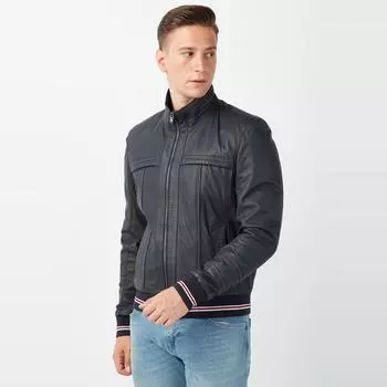 Мужское темно-синее пальто из тафты Garnish из натуральной кожи