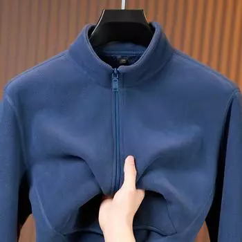 Мужское теплое пальто осень-зима флисовая повседневная однотонная куртка на молнии кардиган свитшот M чёрный