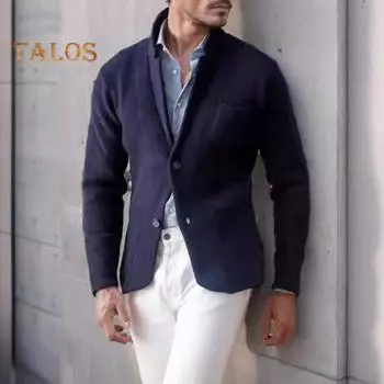 Мужское толстое теплое пальто осень-зима классическая однотонная куртка на 2 пуговицах приталенная куртка с воротником-стойкой для повседневной работы уличного тепла XXXL темно-синий