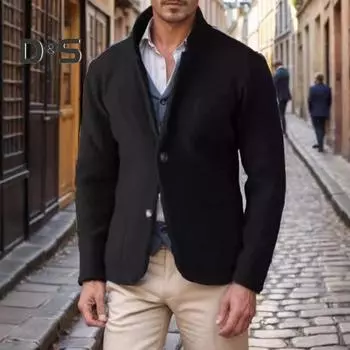 Мужское толстое теплое пальто осень-зима классическая однотонная куртка на 2 пуговицах приталенная куртка с воротником-стойкой для повседневной работы уличного тепла XXL чёрный