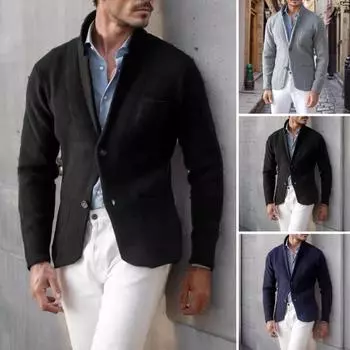 Мужское толстое теплое пальто осень-зима классическая однотонная куртка на 2 пуговицах приталенная куртка с воротником-стойкой для повседневной работы уличного тепла XXXL чёрный