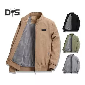 Мужское тонкое вельветовое пальто на весну и осень с воротником-стойкой и длинными рукавами, однотонная куртка на молнии с боковыми карманами, верхняя одежда M чёрный