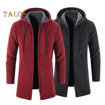 Мужское трикотажное пальто с капюшоном, завязками на шнурке, длинными рукавами, однотонная куртка с застежкой-молнией, теплая зимняя куртка средней длины M вино красного