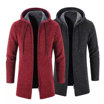 Мужское трикотажное пальто с капюшоном, завязками на шнурке, с длинным рукавом, однотонная куртка с застежкой-молнией, средней длины M светло-серый