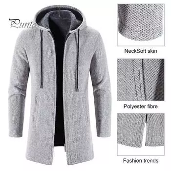 Мужское трикотажное пальто с капюшоном, завязками на шнурке, длинными рукавами, однотонная куртка с застежкой-молнией, теплая зимняя куртка средней длины M чёрный