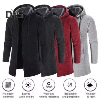 Мужское трикотажное пальто с капюшоном, завязками на шнурке, длинными рукавами, однотонная куртка с застежкой-молнией, теплая зимняя куртка средней длины M темно-синий