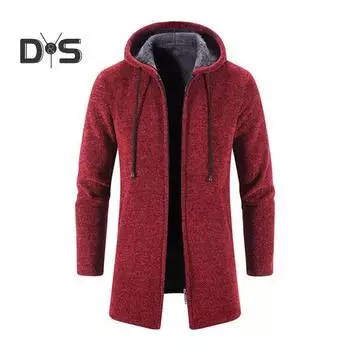 Мужское трикотажное пальто с капюшоном, завязками на шнурке, длинными рукавами, однотонная куртка с застежкой-молнией, теплая зимняя куртка средней длины M чёрный