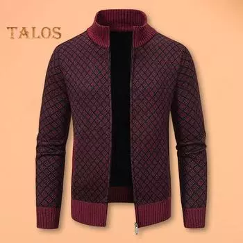 Мужское трикотажное пальто с воротником-стойкой, длинным рукавом, застежкой-молнией и карманами, клетчатый принт, осень-зима, повседневный трикотаж M светло-серый