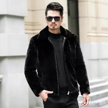 Мужское утепленное пальто из искусственного меха норки с лацканами L чёрный