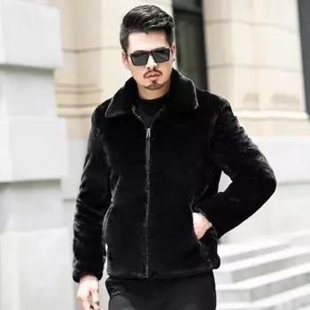 Мужское утепленное пальто из искусственного меха норки с лацканами L чёрный