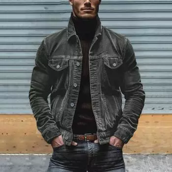 Мужское весенне-осеннее пальто из вельвета с отложным воротником, свободная верхняя одежда, однобортное свободное пальто с длинным рукавом и застежкой на пуговицы M чёрный